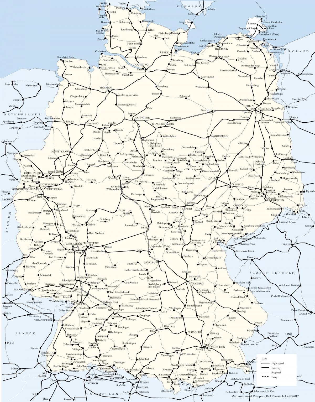 Nemčija vlak map - Zemljevid Nemčije železniške proge (Zahodna Evropa